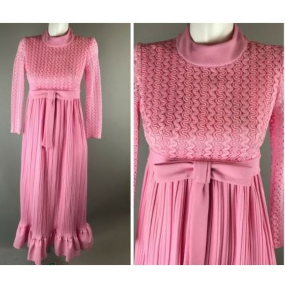 Vintage Dresses & Skirts - Vtg 60s Pink Lace Textured Empire Waist Dress Sz 8